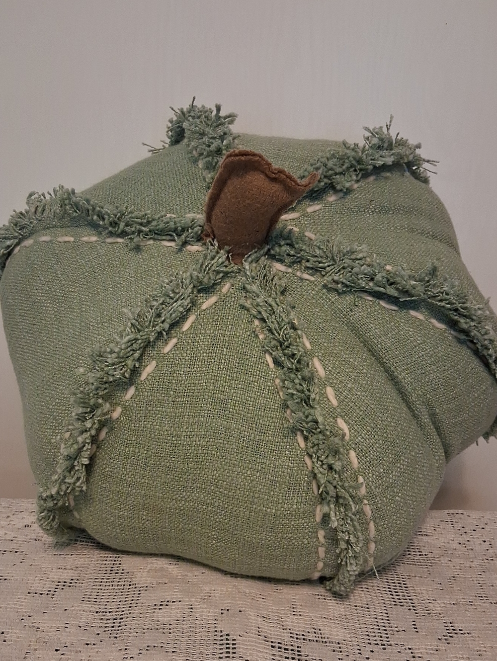 🍃 Title Bee & Willow Sage Green Pumpkin Pillow • Cottagecore Rustic Burlap‑Look